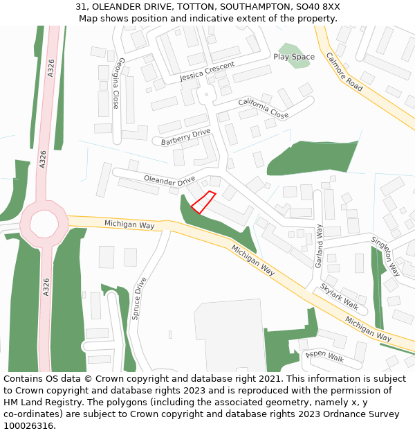 31, OLEANDER DRIVE, TOTTON, SOUTHAMPTON, SO40 8XX: Location map and indicative extent of plot