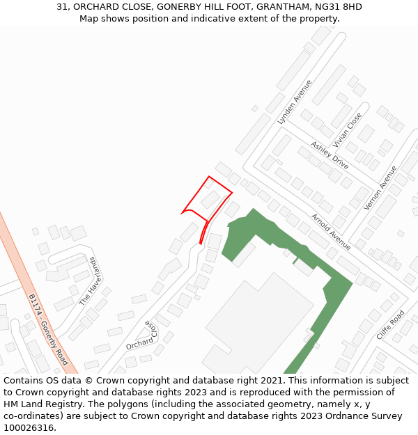 31, ORCHARD CLOSE, GONERBY HILL FOOT, GRANTHAM, NG31 8HD: Location map and indicative extent of plot