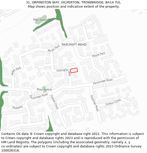 31, ORPINGTON WAY, HILPERTON, TROWBRIDGE, BA14 7UL: Location map and indicative extent of plot