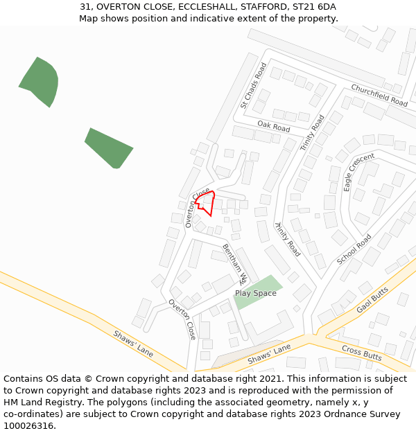 31, OVERTON CLOSE, ECCLESHALL, STAFFORD, ST21 6DA: Location map and indicative extent of plot