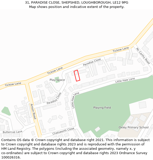 31, PARADISE CLOSE, SHEPSHED, LOUGHBOROUGH, LE12 9PG: Location map and indicative extent of plot