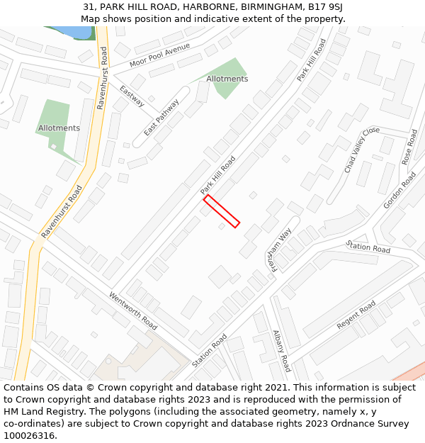 31, PARK HILL ROAD, HARBORNE, BIRMINGHAM, B17 9SJ: Location map and indicative extent of plot