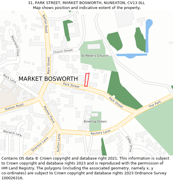 31, PARK STREET, MARKET BOSWORTH, NUNEATON, CV13 0LL: Location map and indicative extent of plot