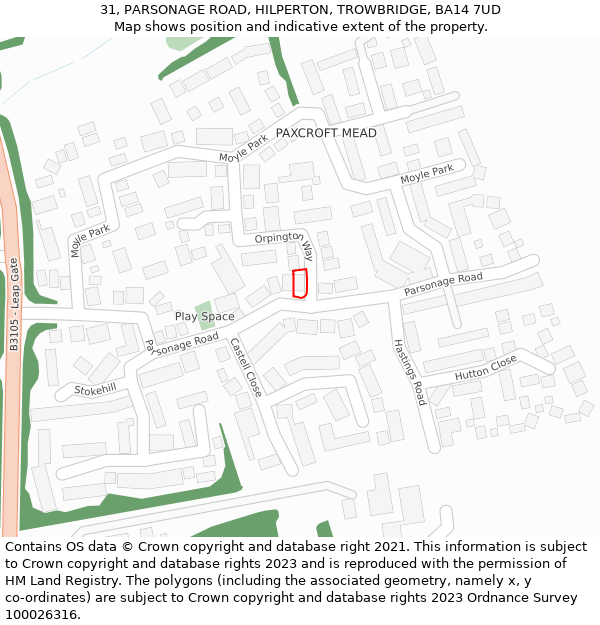 31, PARSONAGE ROAD, HILPERTON, TROWBRIDGE, BA14 7UD: Location map and indicative extent of plot