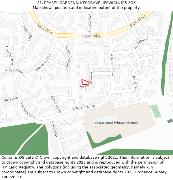 31, PEASEY GARDENS, KESGRAVE, IPSWICH, IP5 2GX: Location map and indicative extent of plot