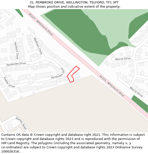 31, PEMBROKE DRIVE, WELLINGTON, TELFORD, TF1 3PT: Location map and indicative extent of plot