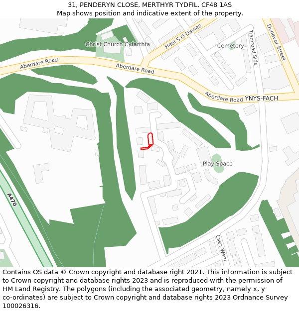 31, PENDERYN CLOSE, MERTHYR TYDFIL, CF48 1AS: Location map and indicative extent of plot