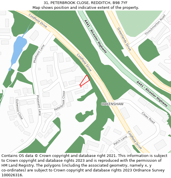 31, PETERBROOK CLOSE, REDDITCH, B98 7YF: Location map and indicative extent of plot