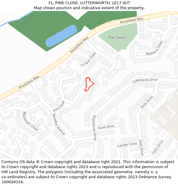 31, PINE CLOSE, LUTTERWORTH, LE17 4UT: Location map and indicative extent of plot
