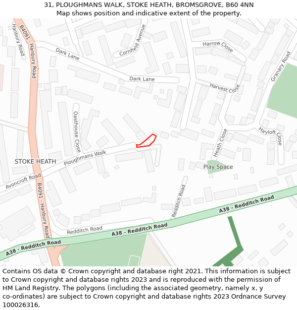 31, PLOUGHMANS WALK, STOKE HEATH, BROMSGROVE, B60 4NN: Location map and indicative extent of plot