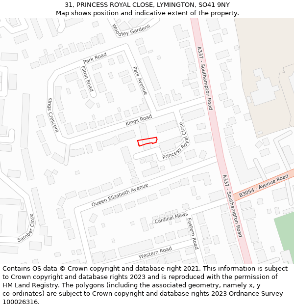 31, PRINCESS ROYAL CLOSE, LYMINGTON, SO41 9NY: Location map and indicative extent of plot