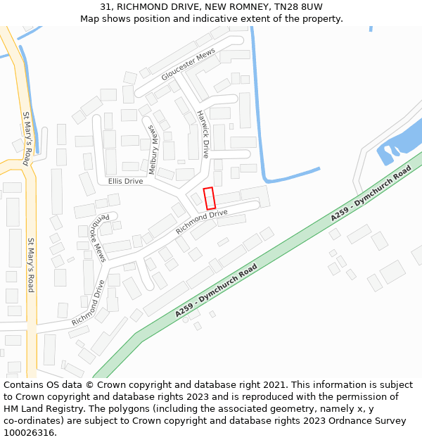 31, RICHMOND DRIVE, NEW ROMNEY, TN28 8UW: Location map and indicative extent of plot