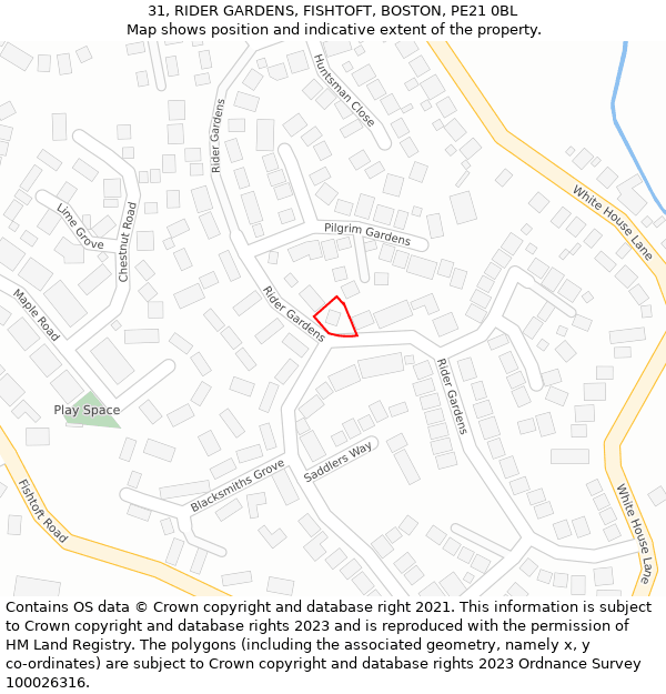 31, RIDER GARDENS, FISHTOFT, BOSTON, PE21 0BL: Location map and indicative extent of plot