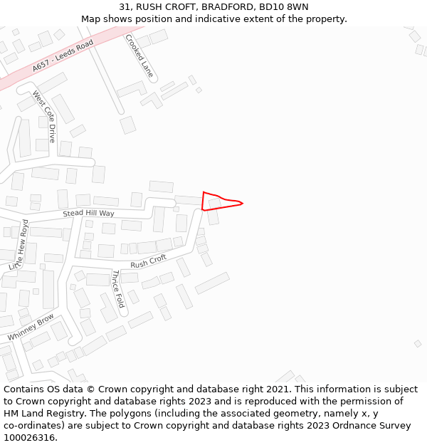 31, RUSH CROFT, BRADFORD, BD10 8WN: Location map and indicative extent of plot