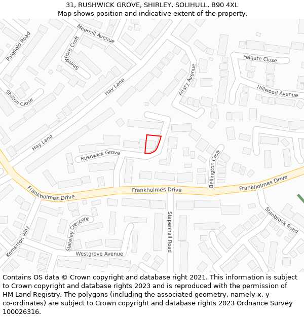 31, RUSHWICK GROVE, SHIRLEY, SOLIHULL, B90 4XL: Location map and indicative extent of plot