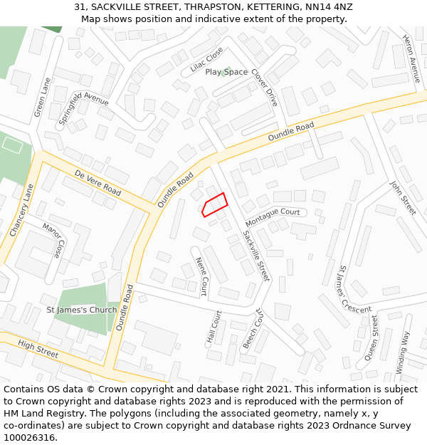 31, SACKVILLE STREET, THRAPSTON, KETTERING, NN14 4NZ: Location map and indicative extent of plot