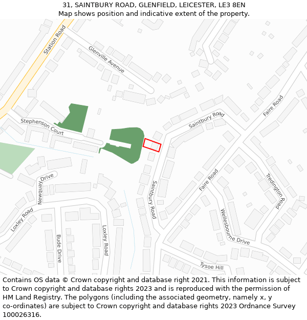 31, SAINTBURY ROAD, GLENFIELD, LEICESTER, LE3 8EN: Location map and indicative extent of plot