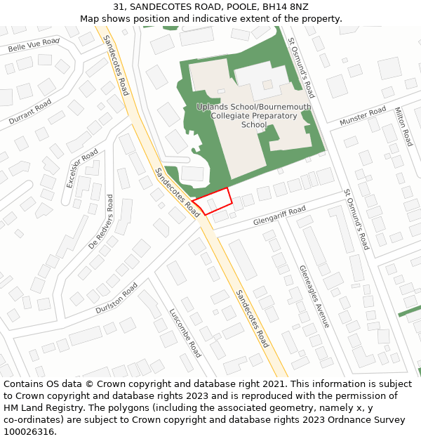 31, SANDECOTES ROAD, POOLE, BH14 8NZ: Location map and indicative extent of plot