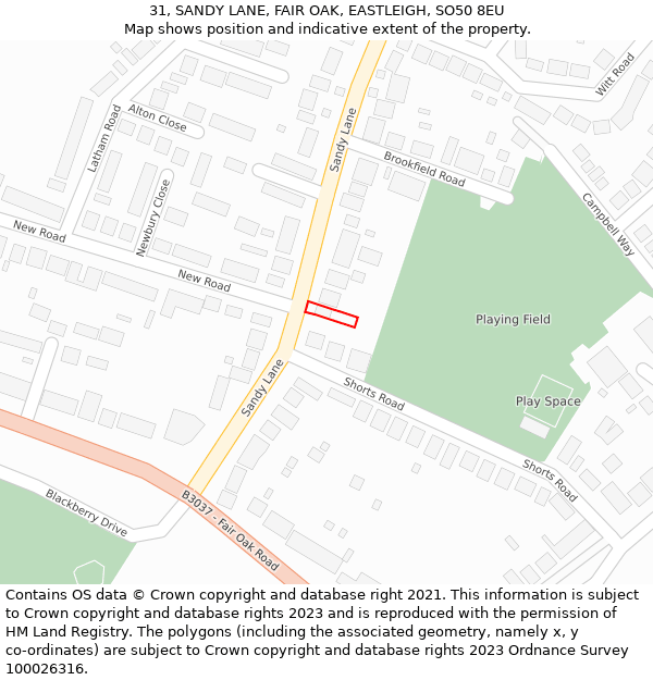 31, SANDY LANE, FAIR OAK, EASTLEIGH, SO50 8EU: Location map and indicative extent of plot