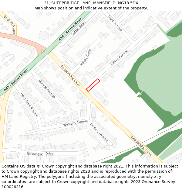 31, SHEEPBRIDGE LANE, MANSFIELD, NG18 5DX: Location map and indicative extent of plot