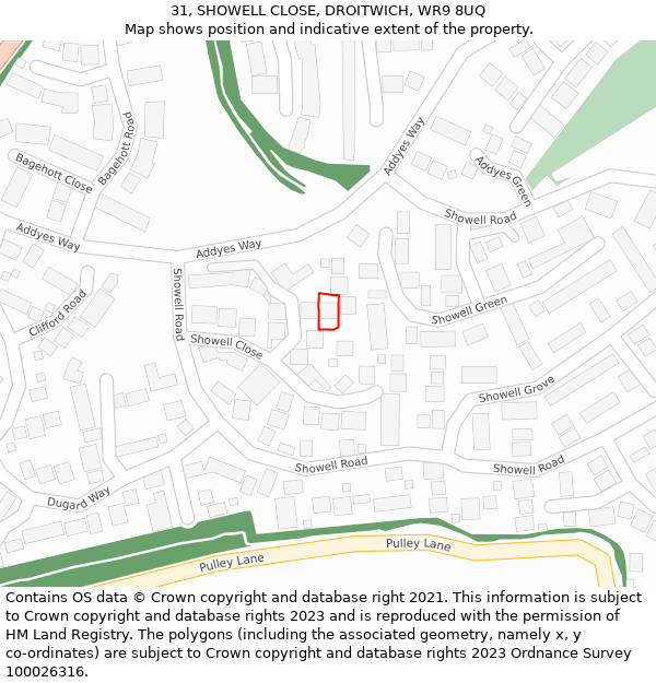 31, SHOWELL CLOSE, DROITWICH, WR9 8UQ: Location map and indicative extent of plot