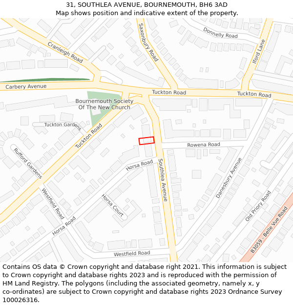 31, SOUTHLEA AVENUE, BOURNEMOUTH, BH6 3AD: Location map and indicative extent of plot