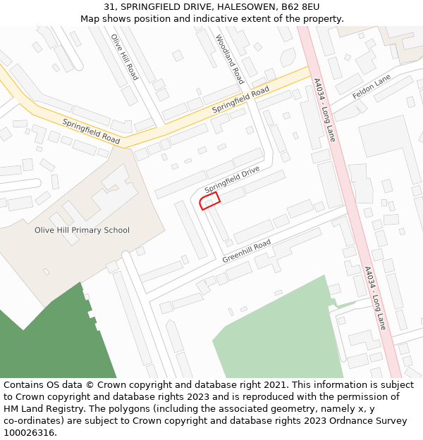 31, SPRINGFIELD DRIVE, HALESOWEN, B62 8EU: Location map and indicative extent of plot