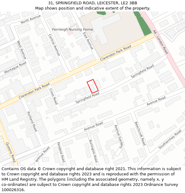 31, SPRINGFIELD ROAD, LEICESTER, LE2 3BB: Location map and indicative extent of plot