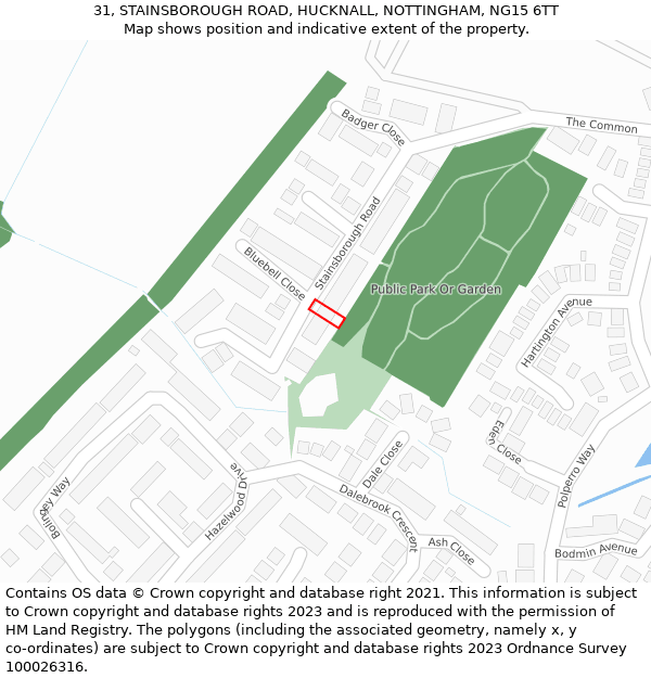 31, STAINSBOROUGH ROAD, HUCKNALL, NOTTINGHAM, NG15 6TT: Location map and indicative extent of plot