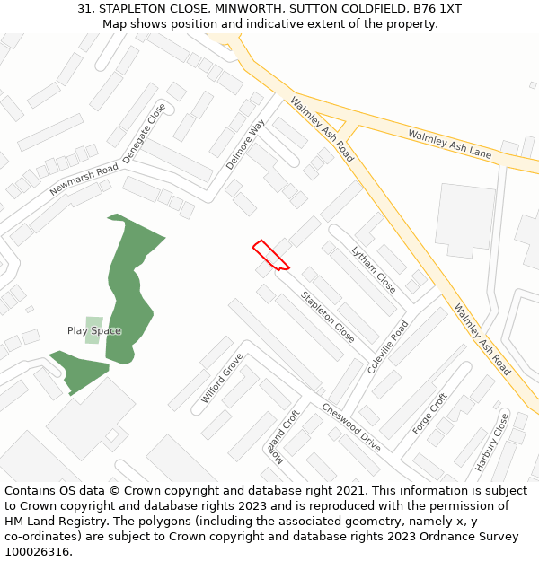 31, STAPLETON CLOSE, MINWORTH, SUTTON COLDFIELD, B76 1XT: Location map and indicative extent of plot