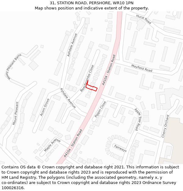31, STATION ROAD, PERSHORE, WR10 1PN: Location map and indicative extent of plot