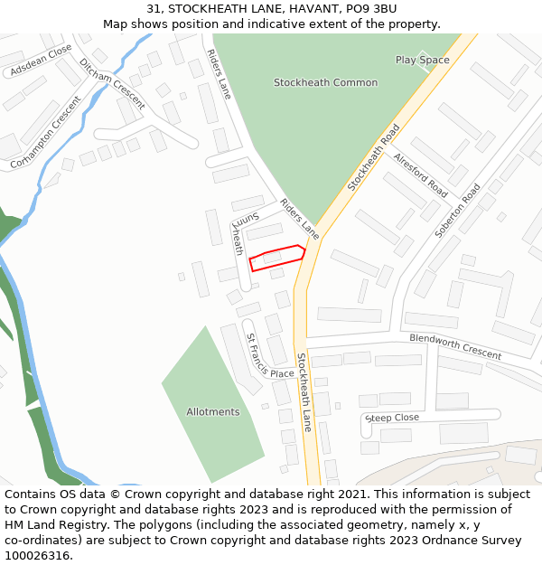 31, STOCKHEATH LANE, HAVANT, PO9 3BU: Location map and indicative extent of plot