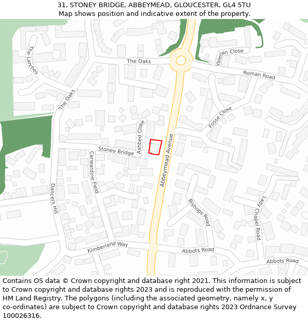 31, STONEY BRIDGE, ABBEYMEAD, GLOUCESTER, GL4 5TU: Location map and indicative extent of plot