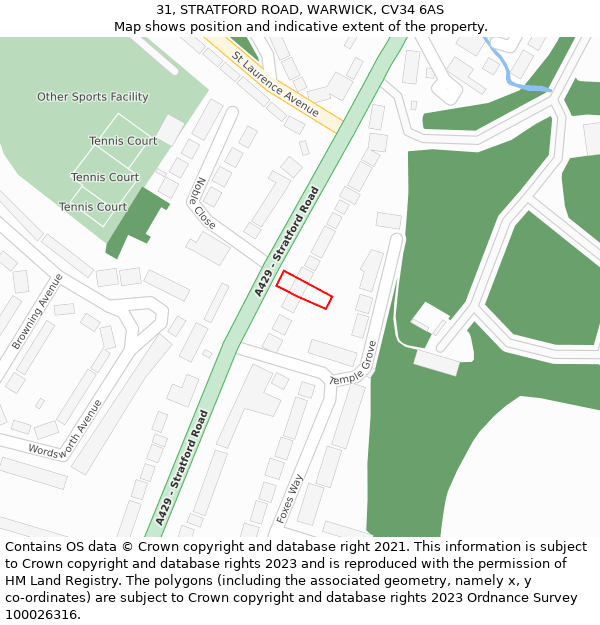 31, STRATFORD ROAD, WARWICK, CV34 6AS: Location map and indicative extent of plot