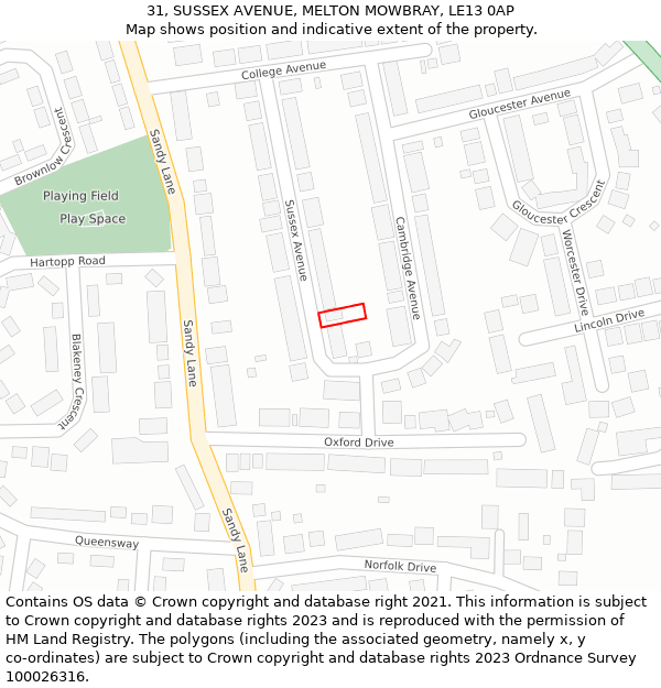 31, SUSSEX AVENUE, MELTON MOWBRAY, LE13 0AP: Location map and indicative extent of plot