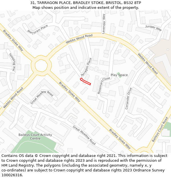 31, TARRAGON PLACE, BRADLEY STOKE, BRISTOL, BS32 8TP: Location map and indicative extent of plot