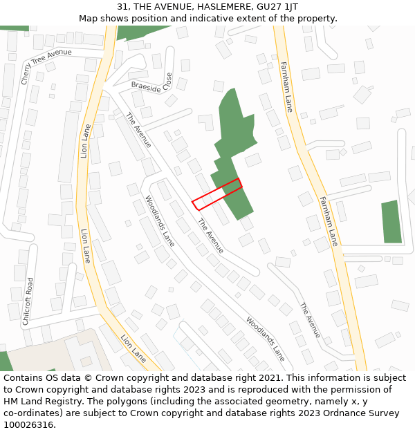 31, THE AVENUE, HASLEMERE, GU27 1JT: Location map and indicative extent of plot