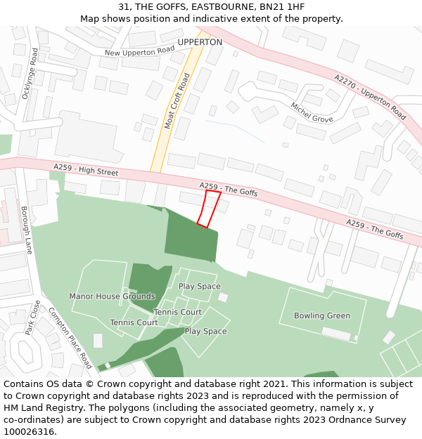 31, THE GOFFS, EASTBOURNE, BN21 1HF: Location map and indicative extent of plot