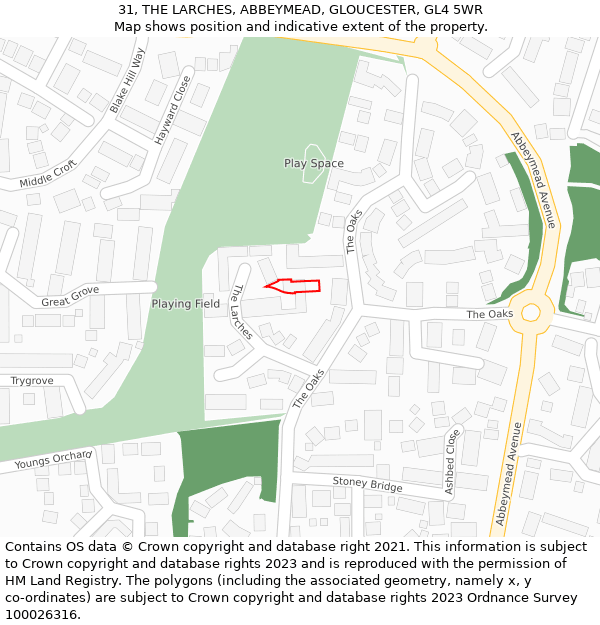 31, THE LARCHES, ABBEYMEAD, GLOUCESTER, GL4 5WR: Location map and indicative extent of plot