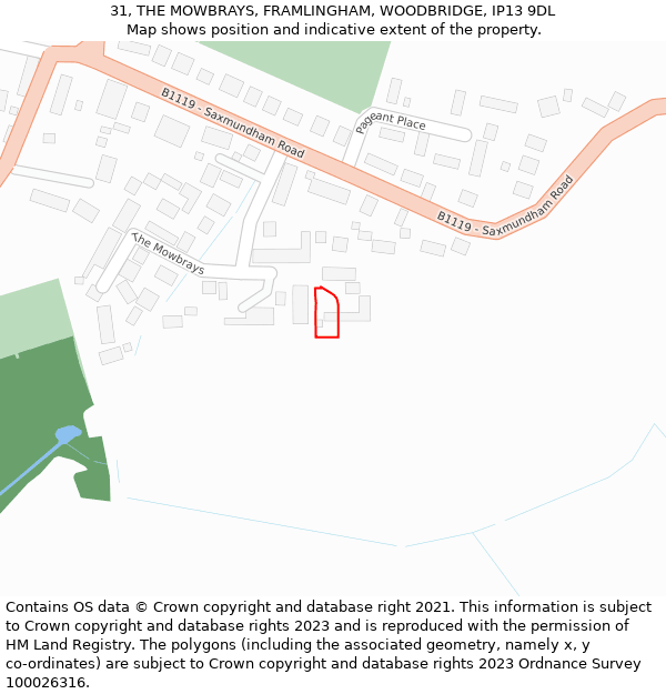 31, THE MOWBRAYS, FRAMLINGHAM, WOODBRIDGE, IP13 9DL: Location map and indicative extent of plot