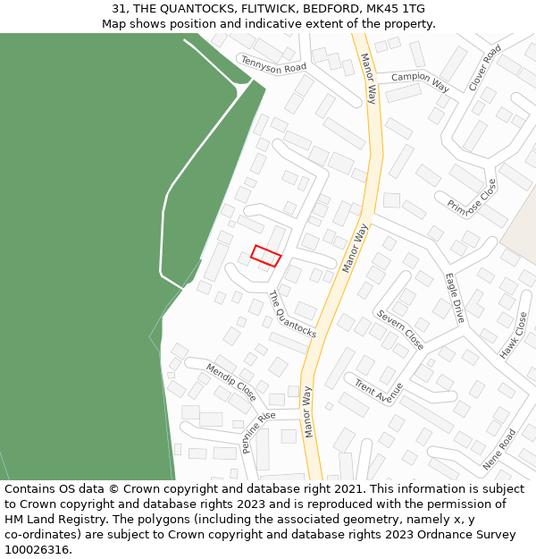 31, THE QUANTOCKS, FLITWICK, BEDFORD, MK45 1TG: Location map and indicative extent of plot