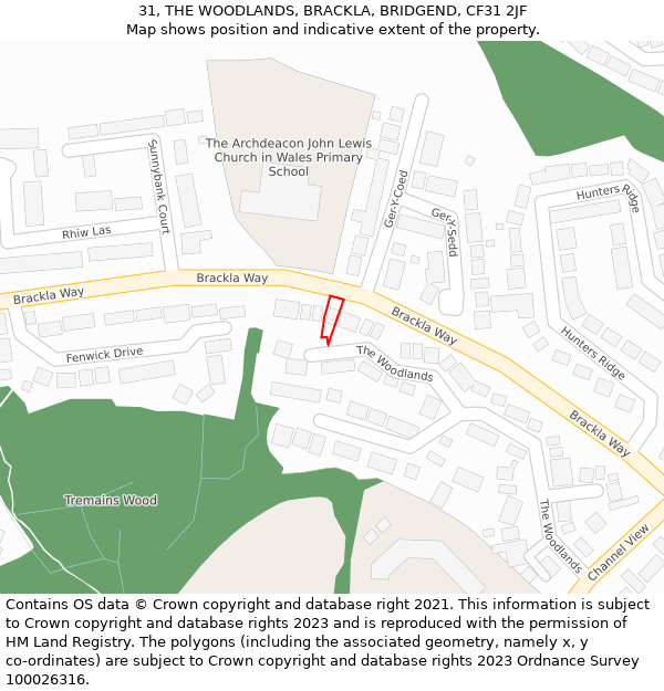 31, THE WOODLANDS, BRACKLA, BRIDGEND, CF31 2JF: Location map and indicative extent of plot