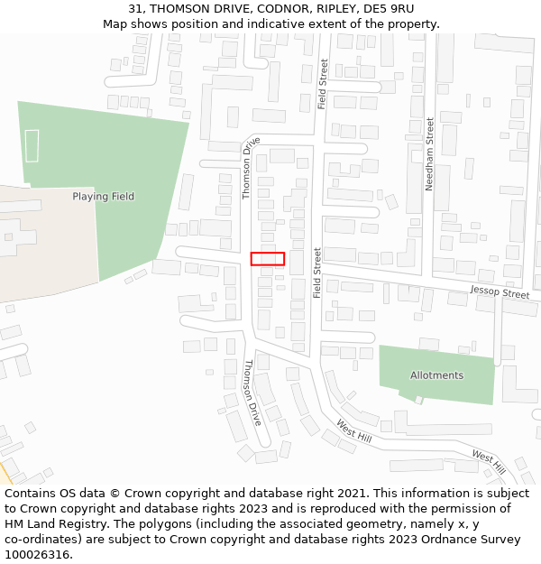 31, THOMSON DRIVE, CODNOR, RIPLEY, DE5 9RU: Location map and indicative extent of plot