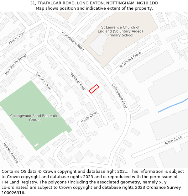 31, TRAFALGAR ROAD, LONG EATON, NOTTINGHAM, NG10 1DD: Location map and indicative extent of plot