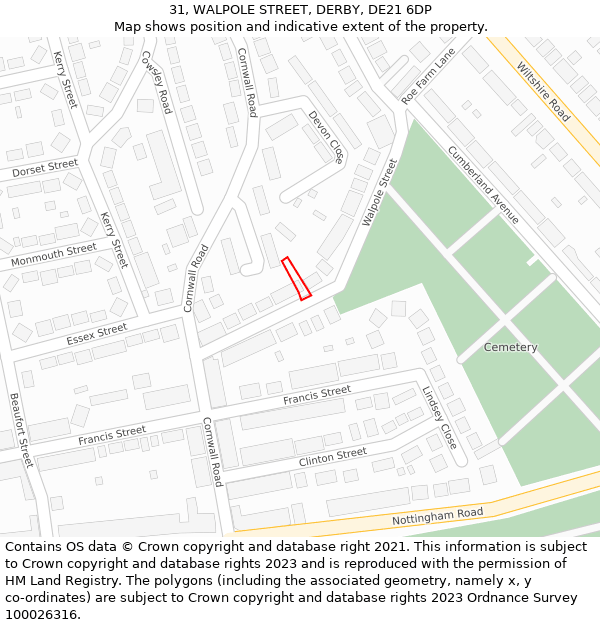 31, WALPOLE STREET, DERBY, DE21 6DP: Location map and indicative extent of plot