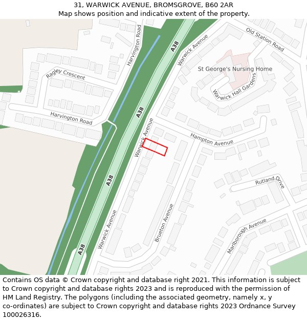 31, WARWICK AVENUE, BROMSGROVE, B60 2AR: Location map and indicative extent of plot