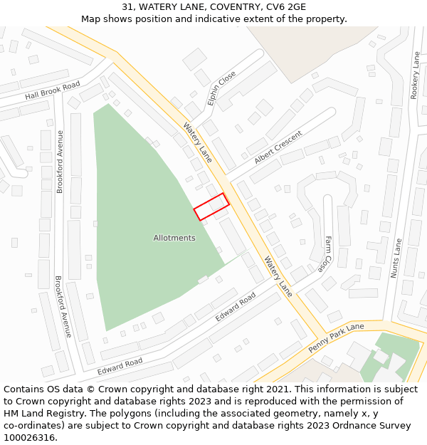 31, WATERY LANE, COVENTRY, CV6 2GE: Location map and indicative extent of plot