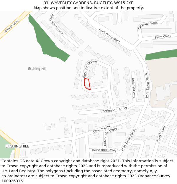 31, WAVERLEY GARDENS, RUGELEY, WS15 2YE: Location map and indicative extent of plot