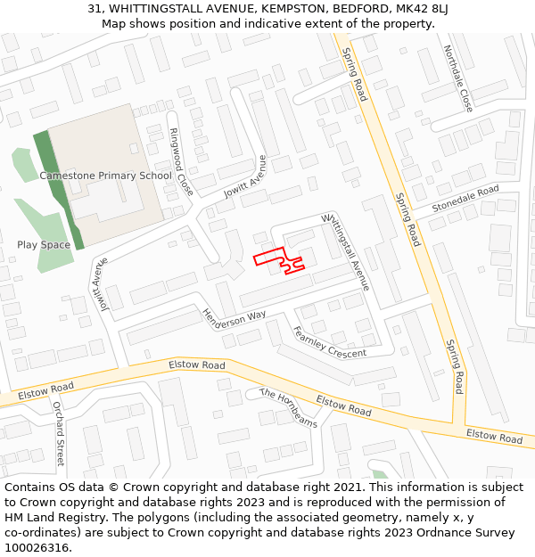 31, WHITTINGSTALL AVENUE, KEMPSTON, BEDFORD, MK42 8LJ: Location map and indicative extent of plot