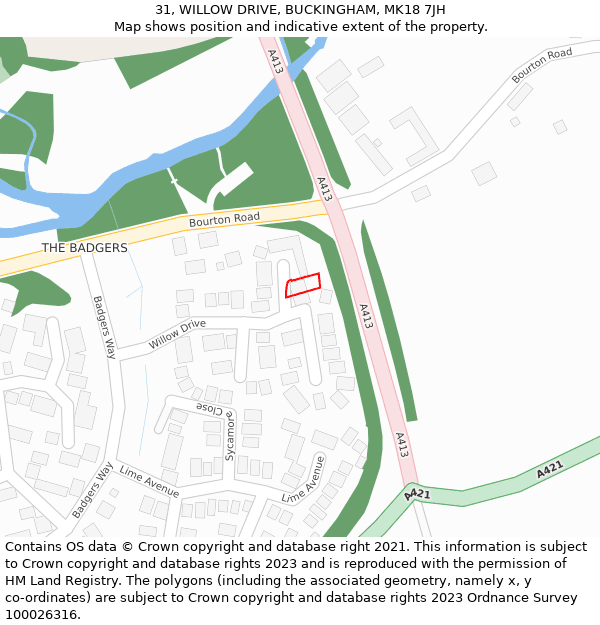 31, WILLOW DRIVE, BUCKINGHAM, MK18 7JH: Location map and indicative extent of plot